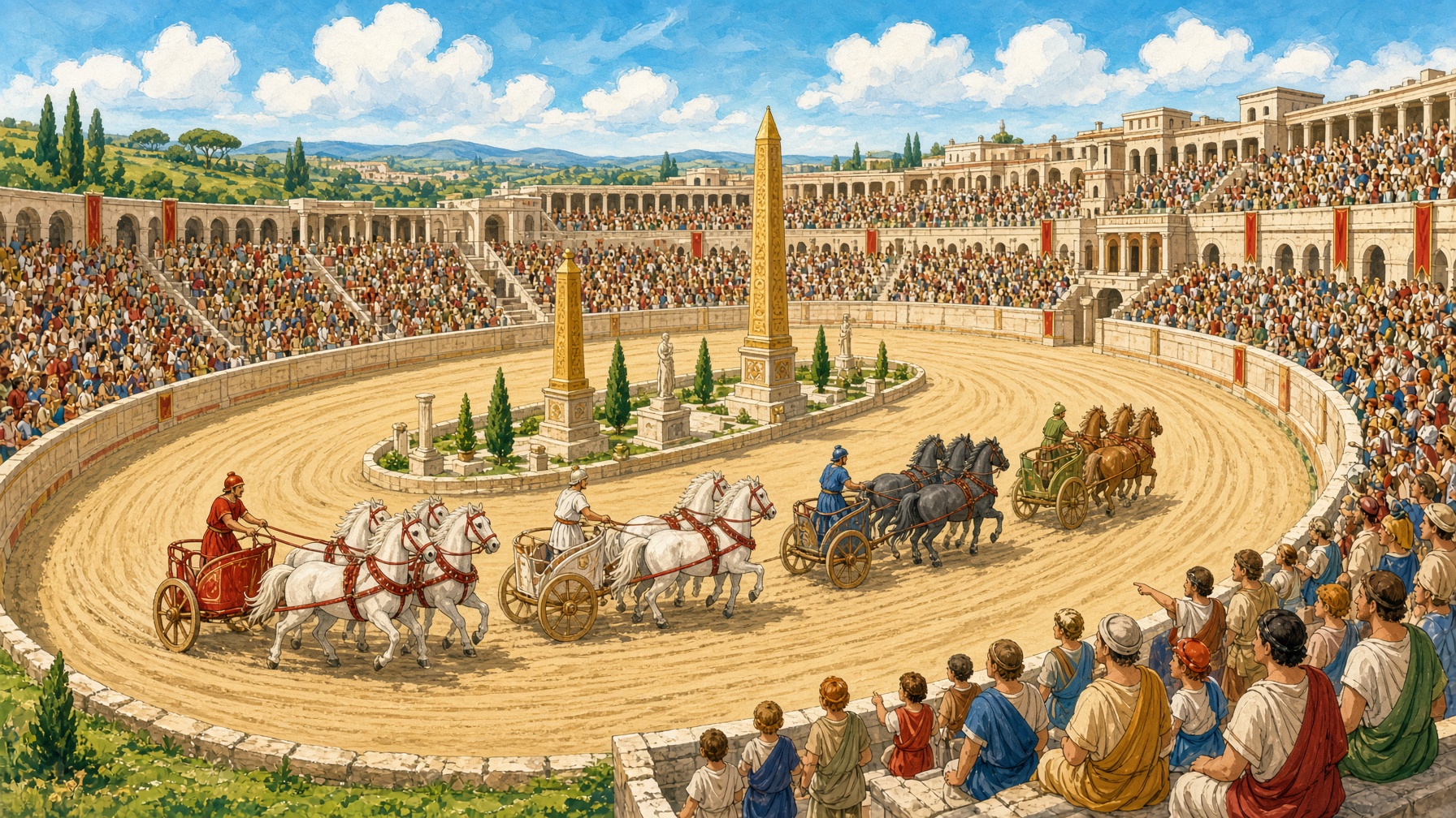Chariots racing around a sandy oval track while a crowd watches